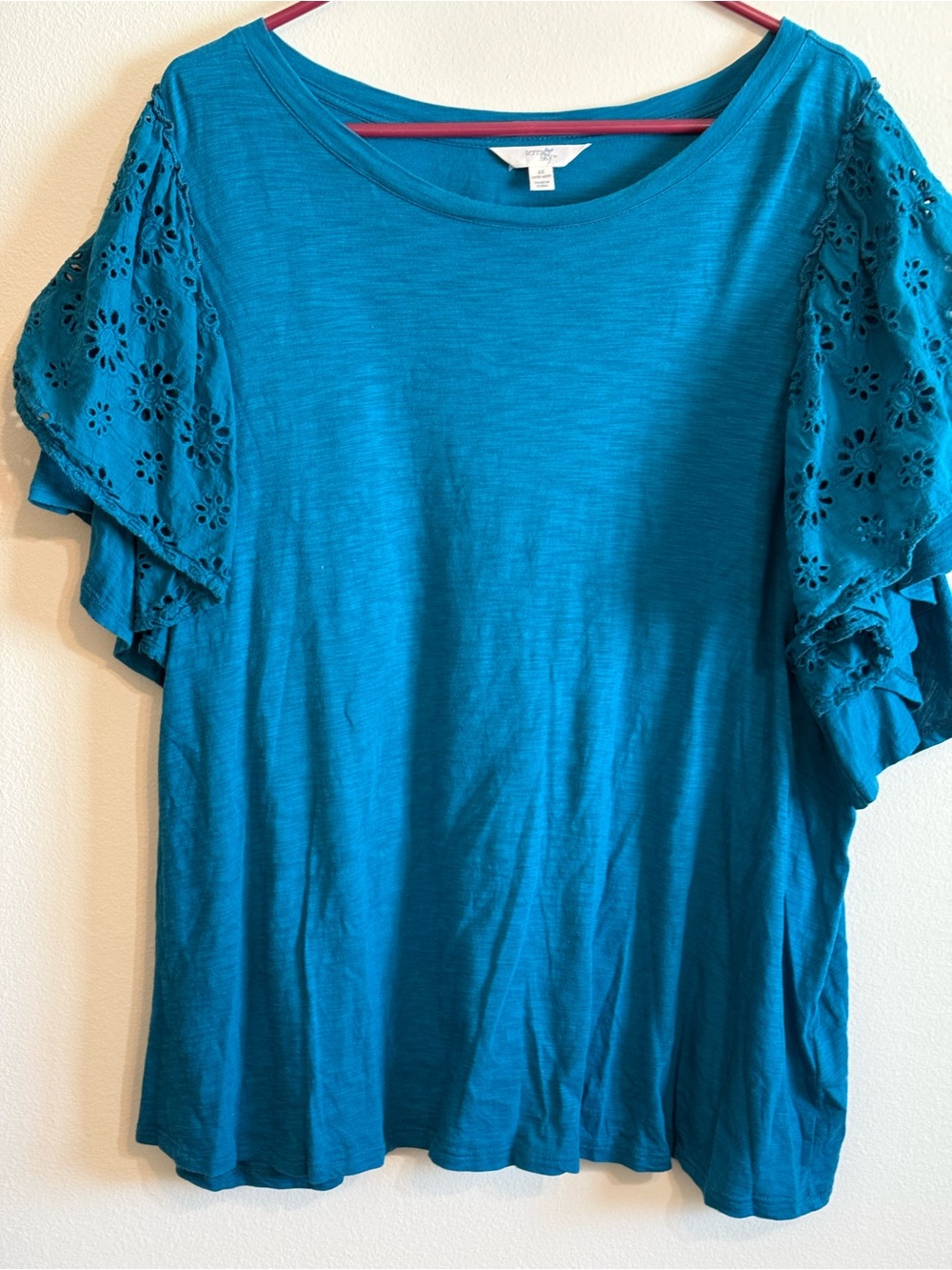 Terra & Sky Teal Ruffle Eyelet Sleeve Short Sleeve Top 2X